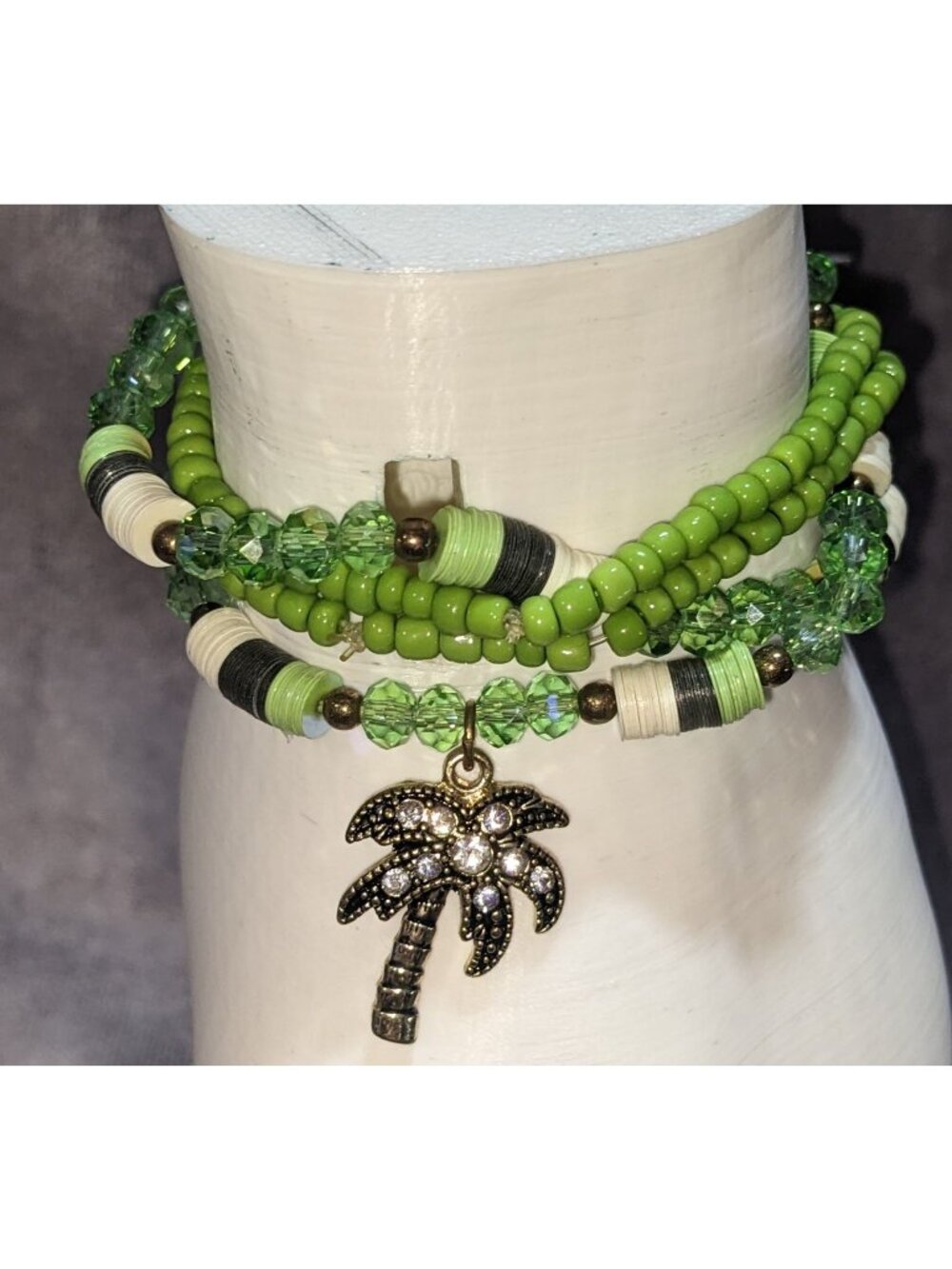 Boho Charming Charlie Green Beaded Palm Tree Charm Multistrand Bracelet